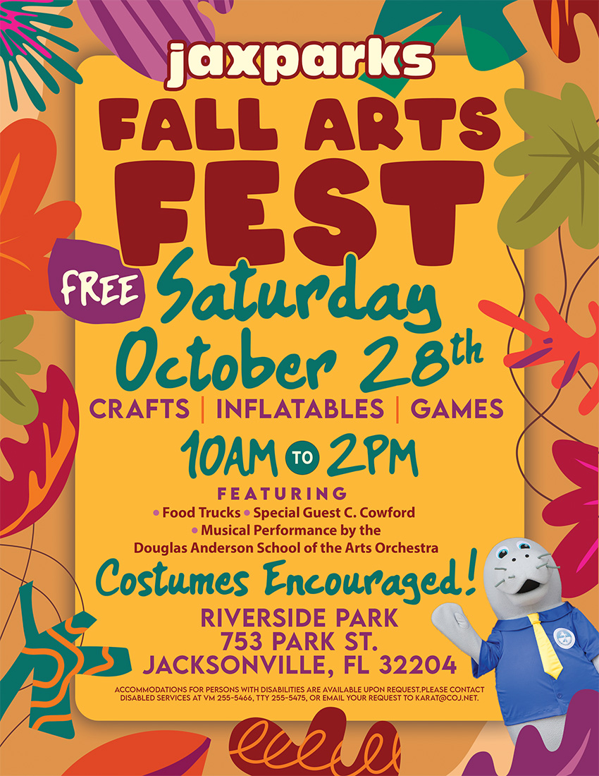 Fall colors, orange, burgundy green and browns Jaxparks Fall Arts Fest flyer