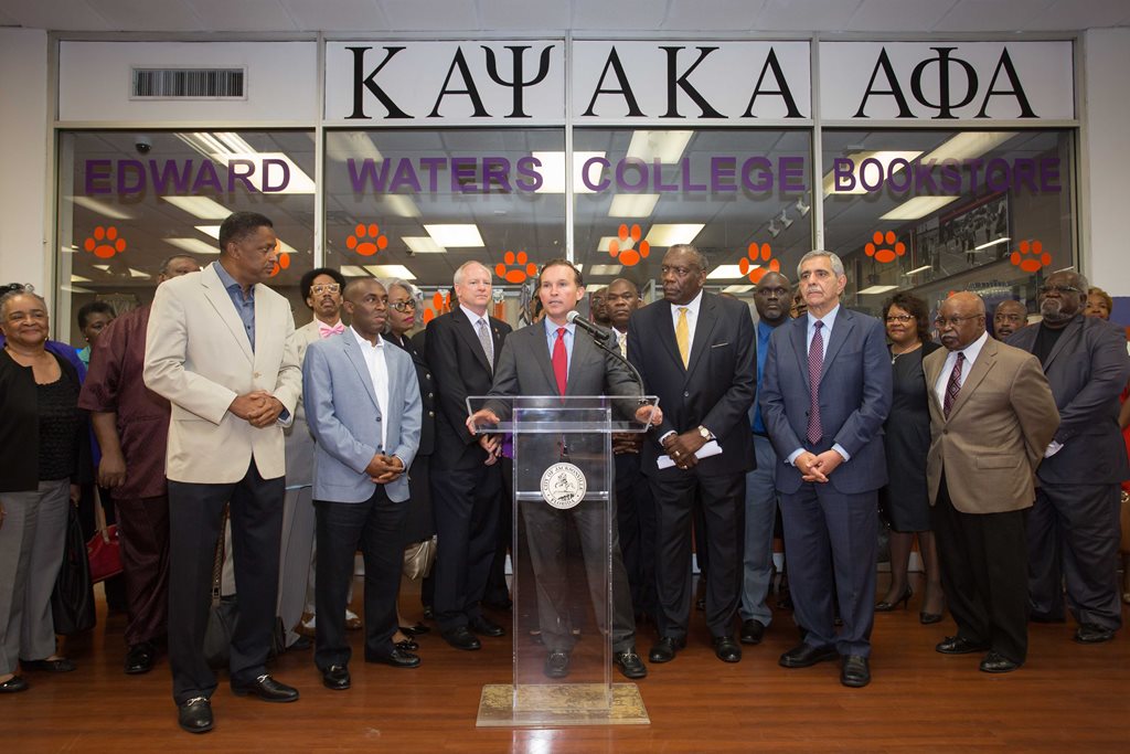 Mayor Lenny Curry at the podium in Edward Waters College Student Union building announcing support for the college in his upcoming budget proposal. Photo taken on July 5, 2017.