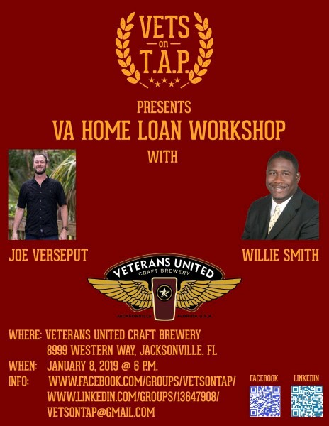 Vets on TAP is a group for transitioning military, veterans, spouses, local veterans non-profits, and business leaders in Jacksonville, FL. Networking and education are the focus of the events. There will be a free workshop on VA Home Loans on Jan 8th.