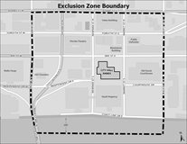 Map of the Exclusion Zone Boundary bordered by Adams St. on the north, Liberty Street on the east, Main street on the west, and extending 200 feet into the St. Johns River on the south. 