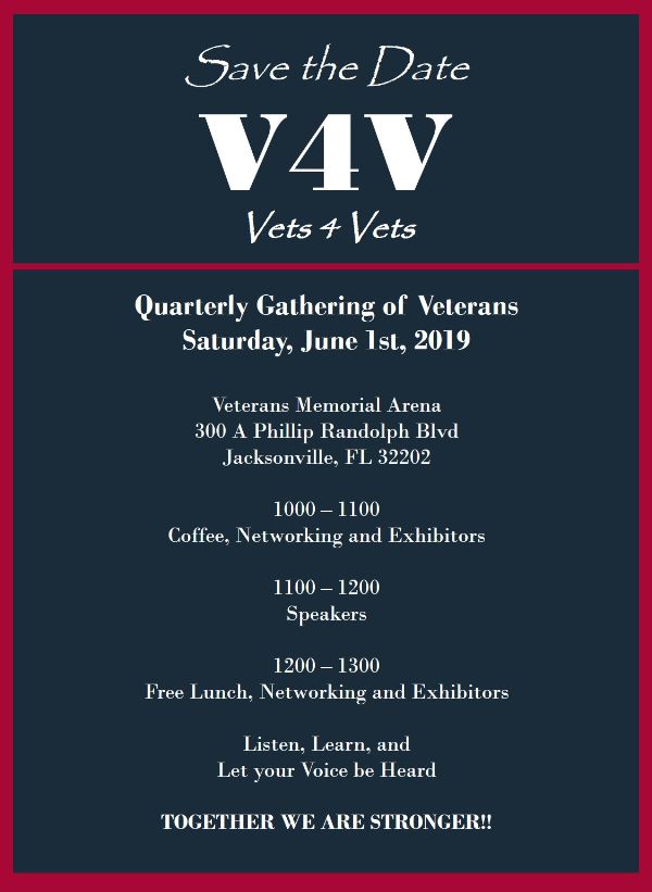 Join Vets4Vets for their Quarterly Gathering of Veterans on Saturday, June 1st at the VyStar Veterans Memorial Arena.