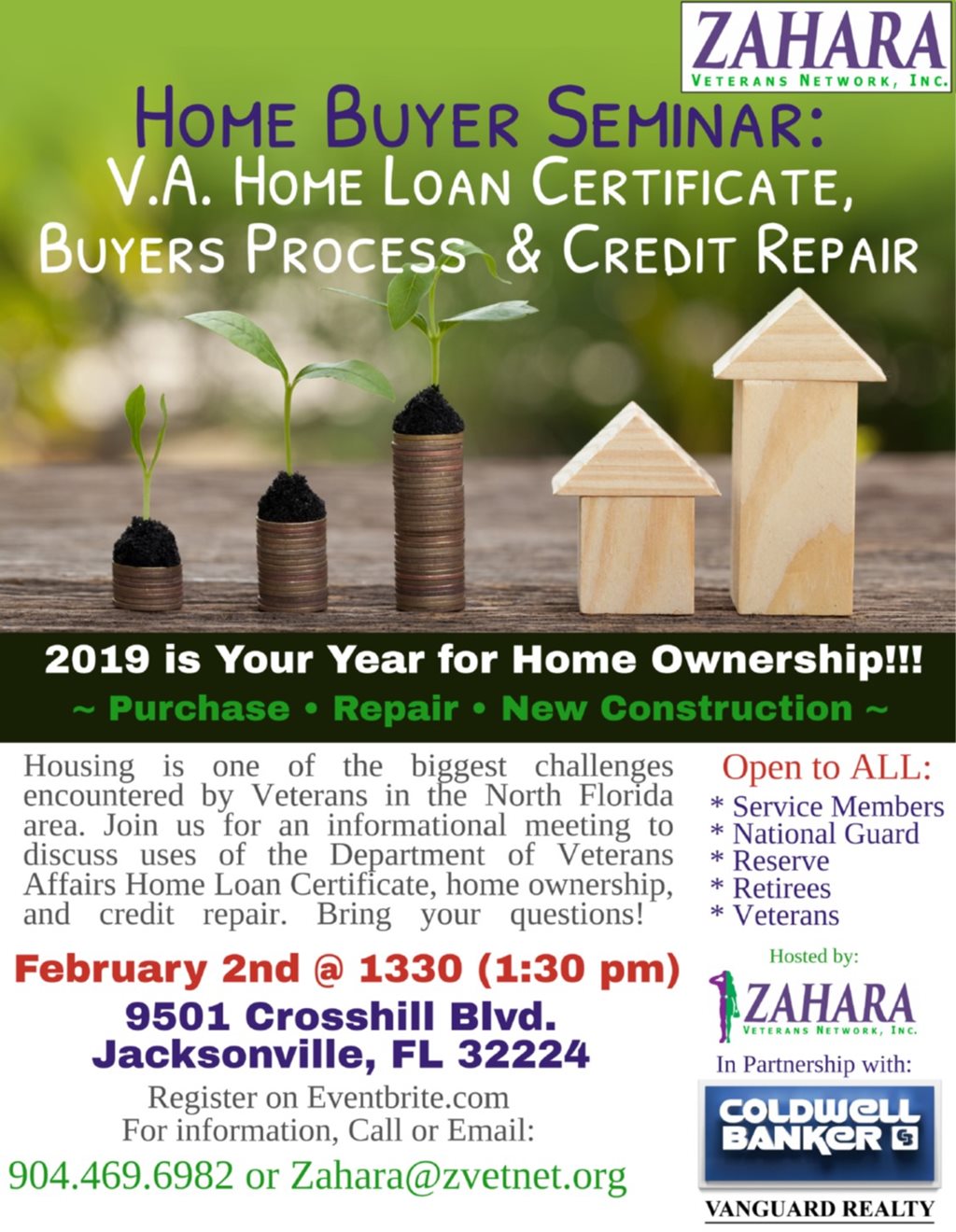 Zahara Veterans Network, Inc. is hosting a Home Buyer Seminar: VA Home Loan Certificate, Buyers Process and Credit Repair. This event is open to all service members, retirees, veterans, National Guard, and Reserve. 