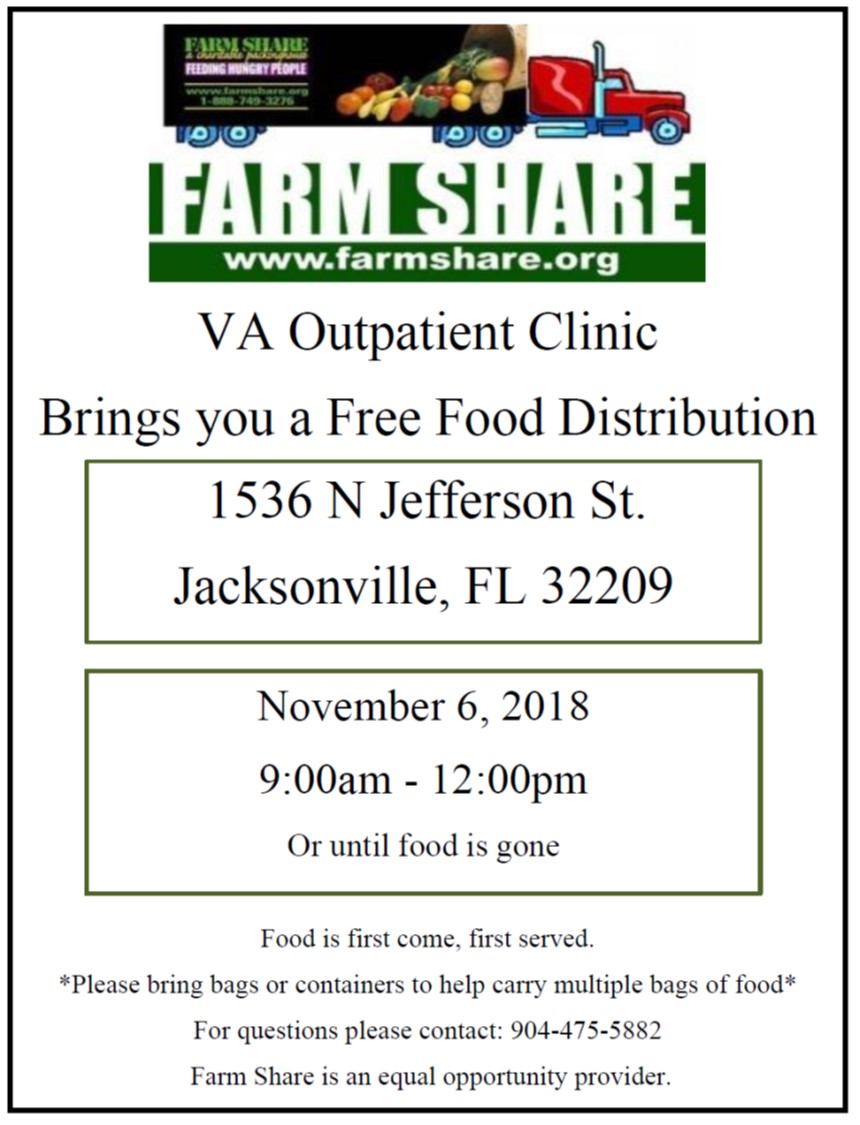 There will be a free food distribution at VA Outpatient Clinic on Tuesday, November 6th. Food is first come, first served. Please bring bags or containers to help carry multiple bags of food. 