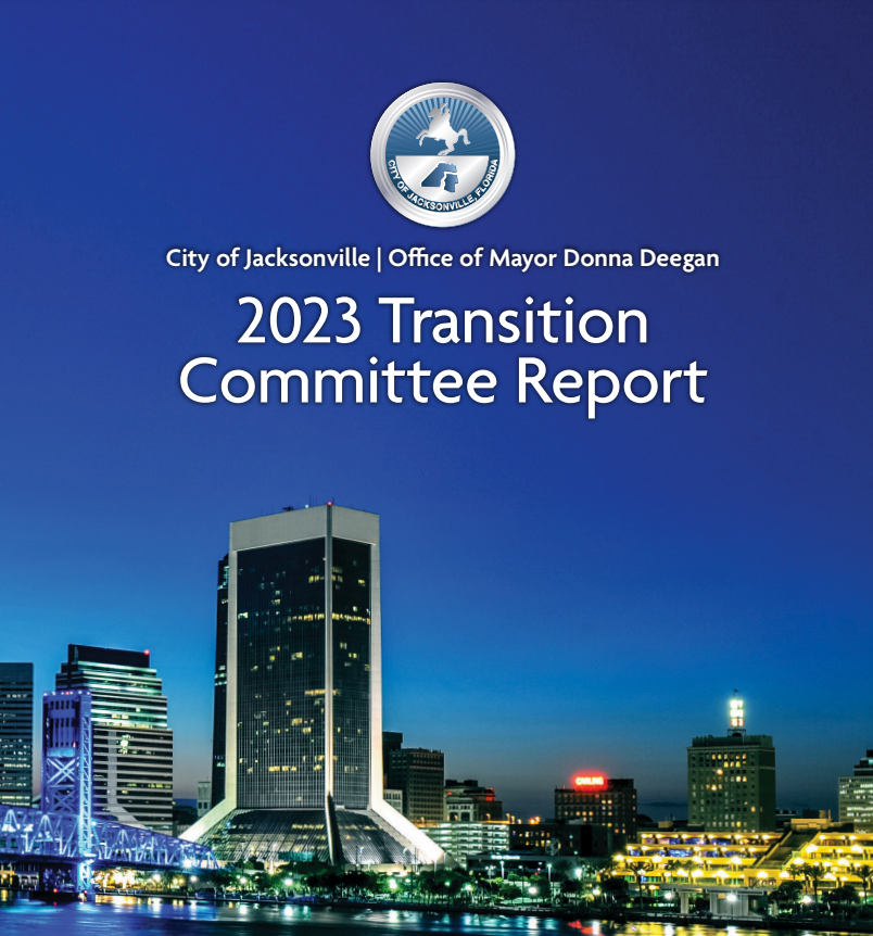 Transition Report cover with photo of jacksonville skyline at night