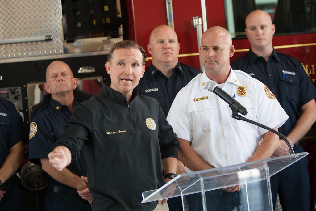 Mayor Lenny Curry give burn ban update during press conference in front of fire station