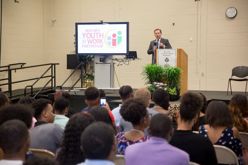 Mayor Lenny Curry speaking at the orientation for the inaugural Mayor's Youth at Work Partnership program.