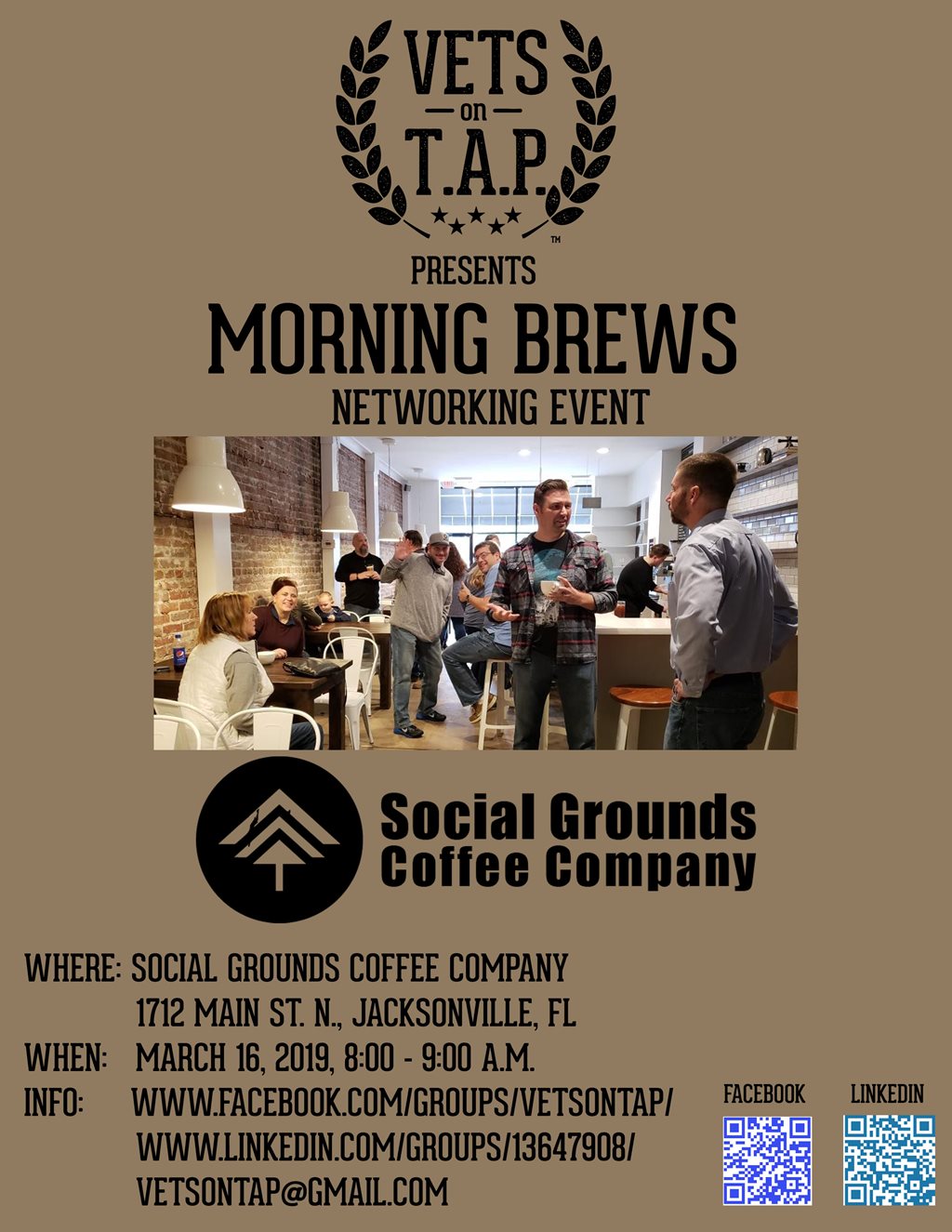 Vets on TAP presents a Morning Brews Networking Event at Social Grounds Coffee Company.