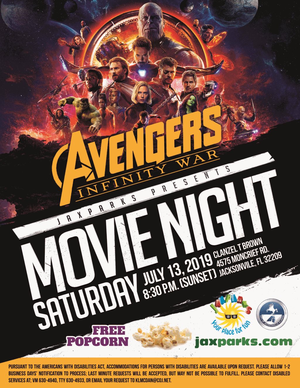 jaxparks movie night flyer for avengers infinity war