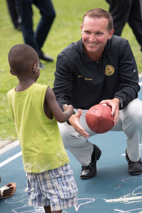mayor Lenny Curry talking with one of our youngest residents during a visit to Grunthal Park on July 1, 2016