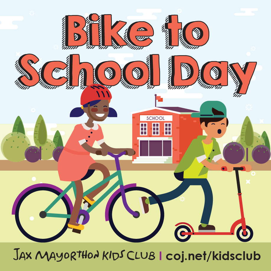 illustration of boy and girl riding bikes to school