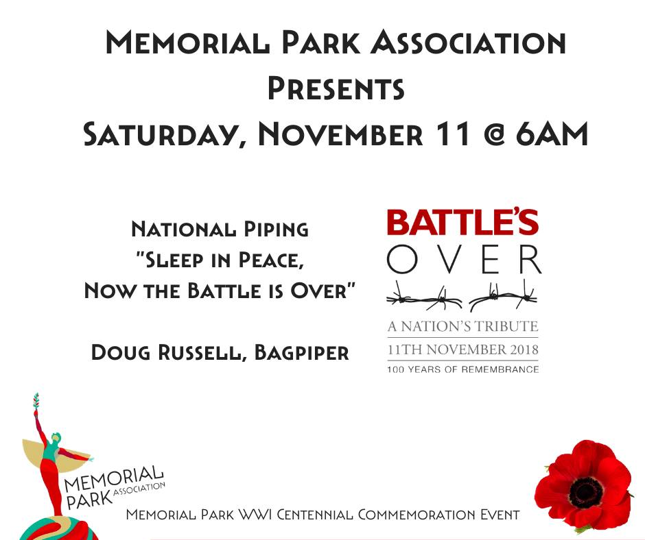 During the centennial of the Great War (1914-18), the Memorial Park Association will host a series of special programs and events to commemorate the first global war in history. See the Association’s Upcoming Events for a full list of programs.  Please joi