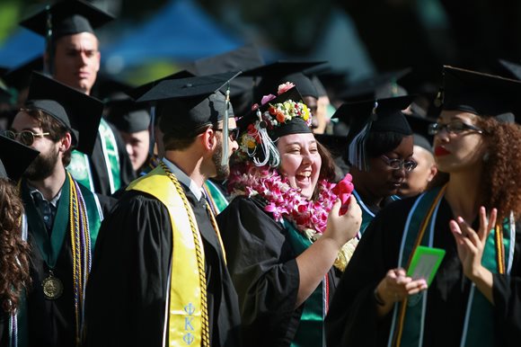 Dolphins celebrating their graduation at JU's spring 2016 commencement