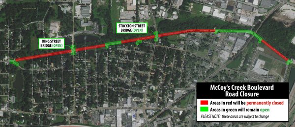 mccoy's creek road closures map