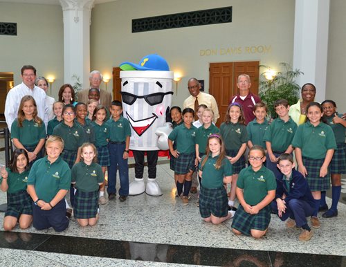 May 13, 2015 photo of Blight Committee members and the Jax Can blight mascot with school students in the atrium at City Hall.
