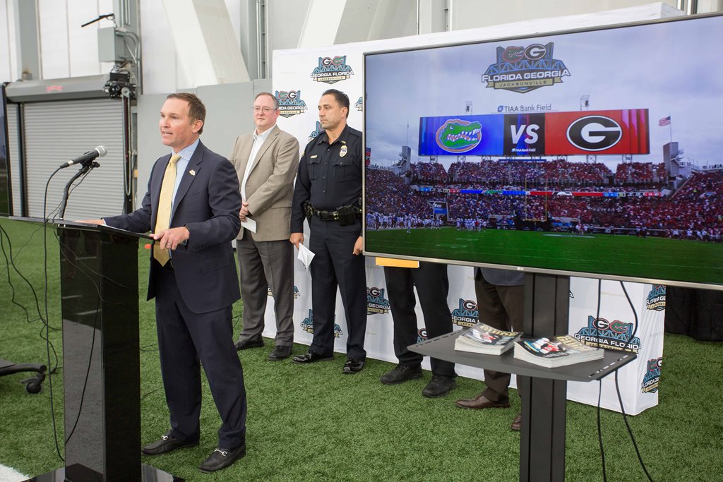 Mayor Curry at the podium for the news conference detailing event and safety information ahead of the 2019 FLorida-Georgia game.
