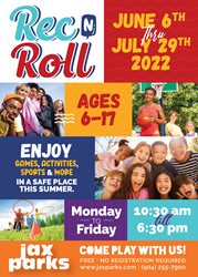 Rec N Roll flyer with dates, activities and times with pictures of kids and teenagers engaging in activities