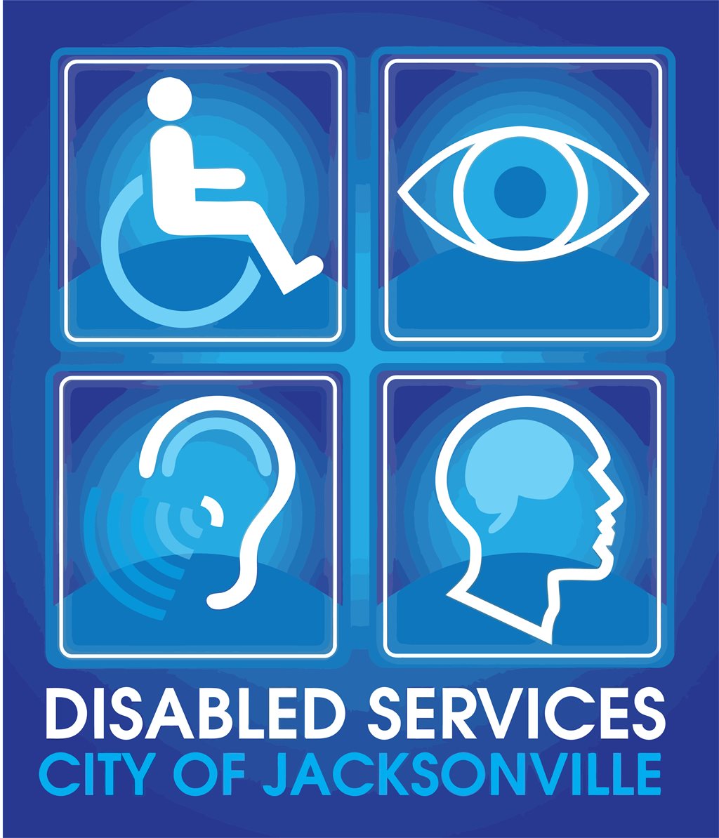 City of Jacksonville Disabled Services Logo featuring icons of wheelchair, eye, ear and brain
