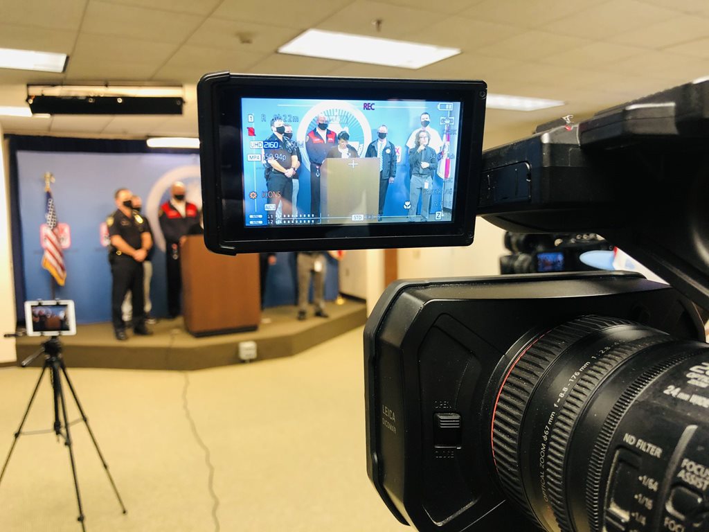 View of a video camera's viewfinder recording the Nov. 11, 2020 briefing on Tropical Storm Eta by Mayor Lenny Curry.