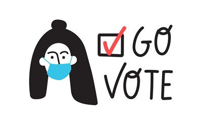 Cartoon woman wearing face mask with text that says go vote