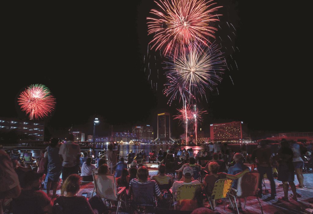 people watching fireworks over the st. johns river in downtown jacksonville