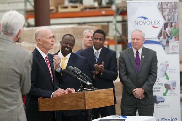 Gov. Rick Scott speaking at the Novloex factory on Jacksonville's Westside on April 13, 2016. 