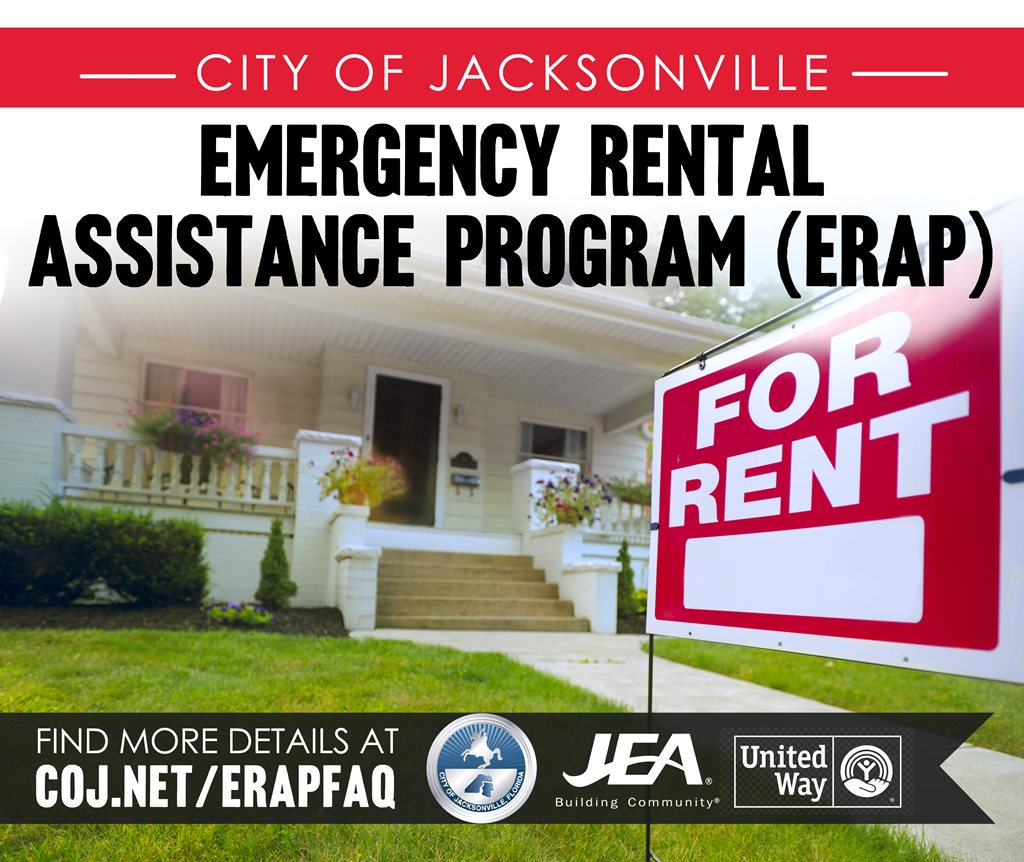 emergency rental asistance program graphic with photo of apartment and for rent sign