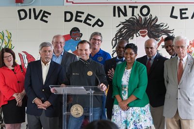Mayor Lenny Curry at the podium with members of City Council behind him to announce the creation of the Kids Hope Alliance, Aug. 2, 2017.