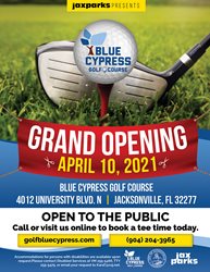 Golf club with golf ball pictured on the grass along with a red banner stating grand opening april 10th.