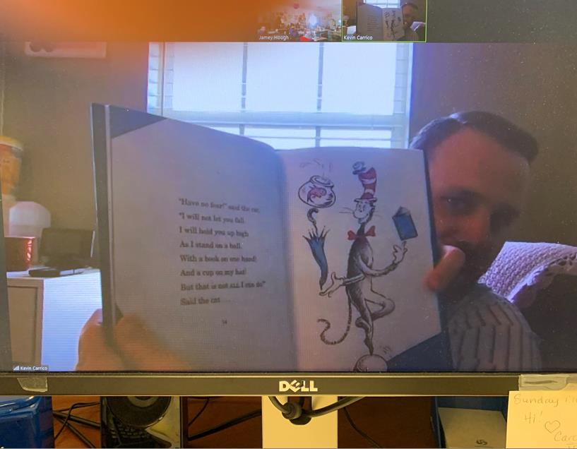 Picture of Council Member Kevin Carrico reading Dr. Seuss’s “The Cat In The Hat” to River City Science Academy 2nd Graders via Zoom