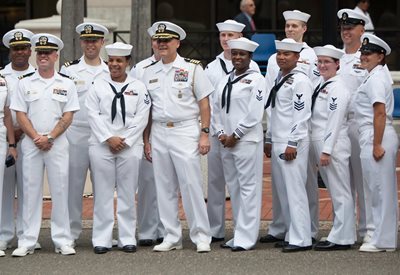 Sailors standing together for a group photo in front of City Hall, Oct. 2, 2018