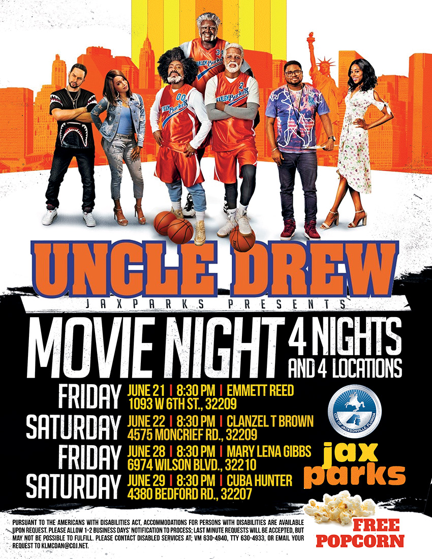 jaxparks movie night flyer - uncle drew