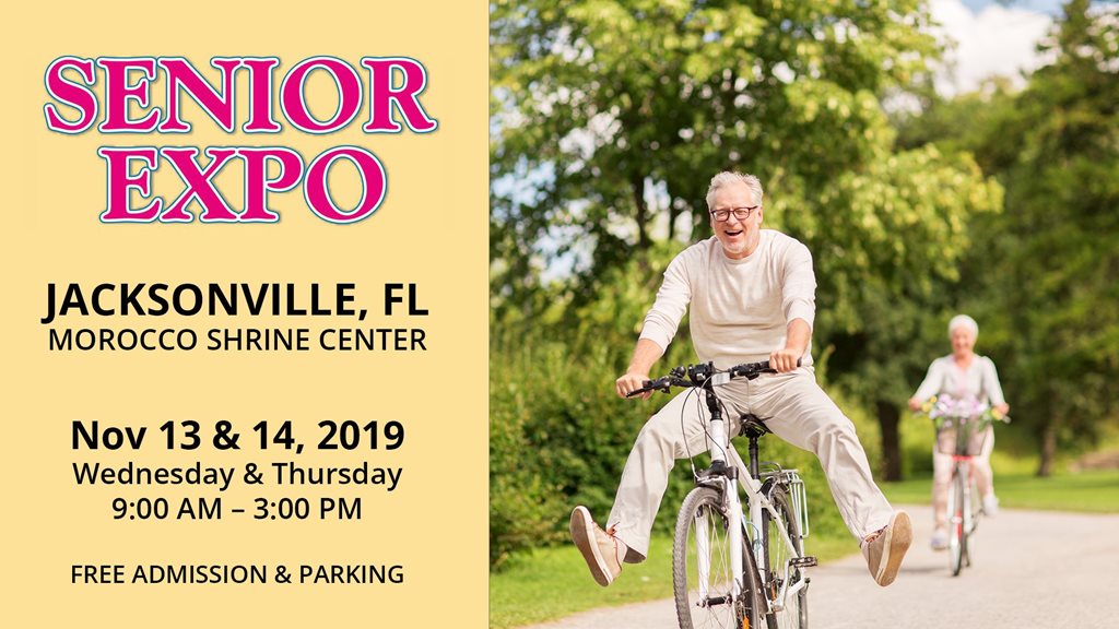 senior expo date, time and location information wit a photo of senior adults riding bicycles