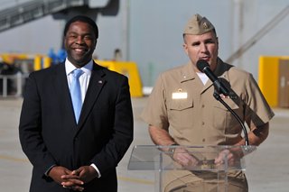 Mayor Brown and Captain Erik Ross of the USS Bataan