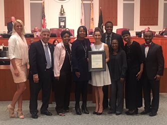 April 10, 2018 photo of City Council presenting Stephanie Bellini with a resolution in honor of being selected Duval County Teacher of the Year.