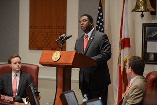 Mayor Brown delivering his budget address to the City Council, July 14, 2014