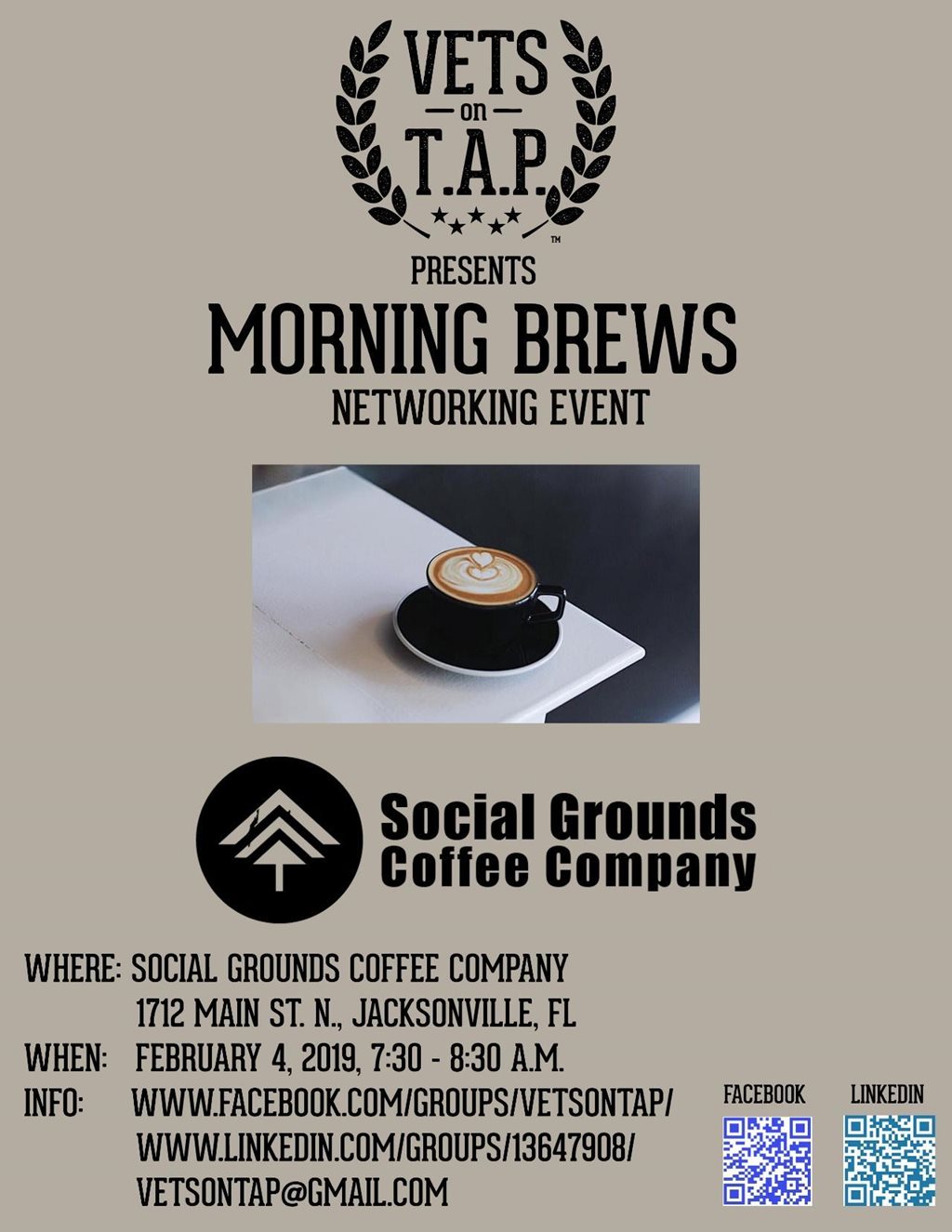 Vets on T.A.P. presents Morning Brews Networking Event on February 4th at Social Grounds Coffee Company from 7:30 am - 8:30 am.