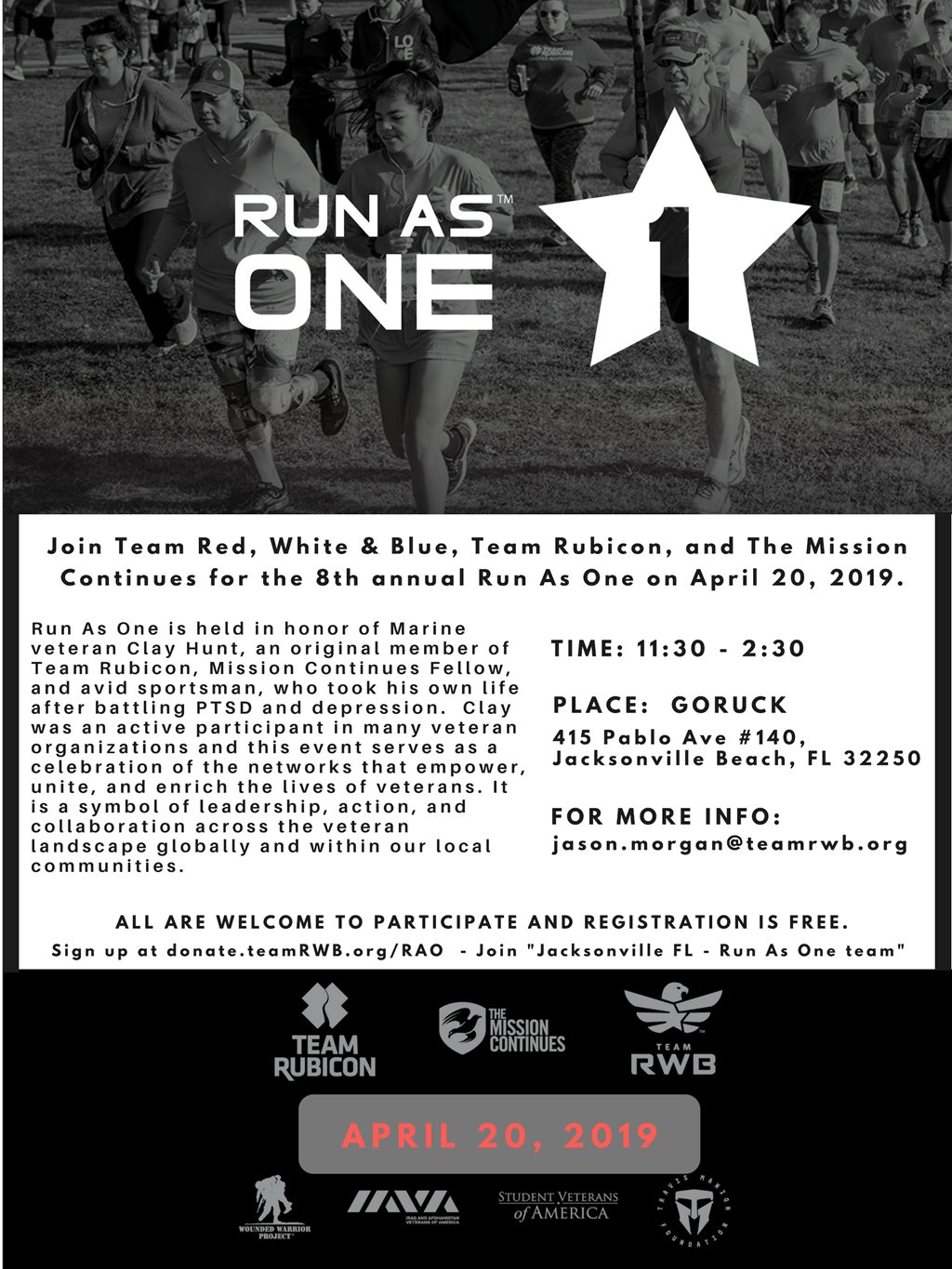 Join Team Red, White & Blue, Team Rubicon, and The Mission Continues for the 8th annual Run As One on April 20, 2019.