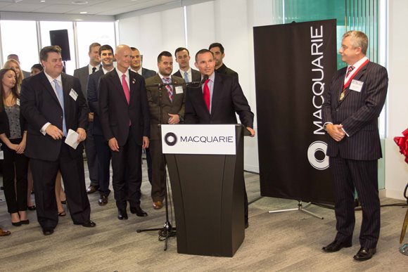 Mayor Lenny Curry speaking at the ribbon cutting for Macquarie Group's new office in Downtown Jacksonville