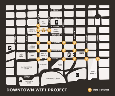 DIA WiFi Project Map highlighting locations throughout downtown Jacksonville where wifi hotspots have been placed
