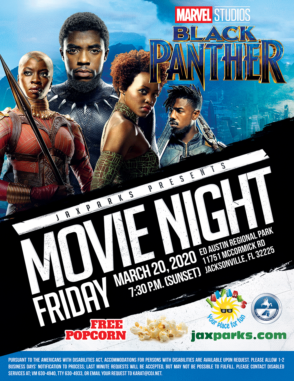 JaxParks movie night flyer for Marvel Studios Black Panther