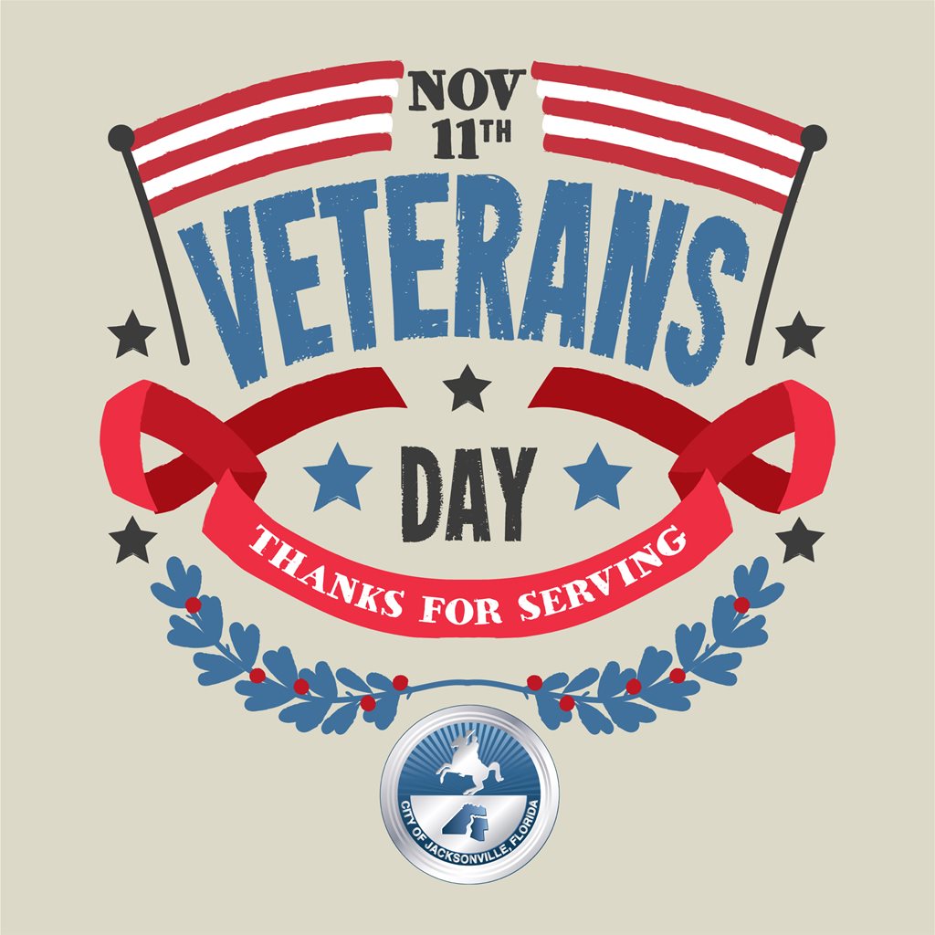 November 11th, Veterans Day, Thanks for serving - with american flag illustration and city seal logo