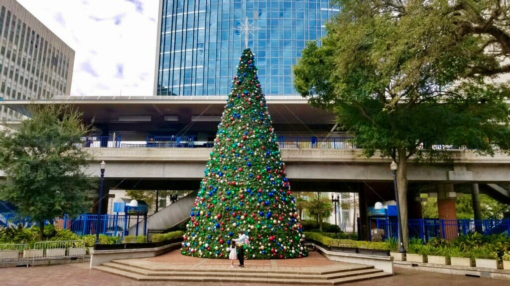 Large decorated Christmas tree in James Weldon Johnson Park