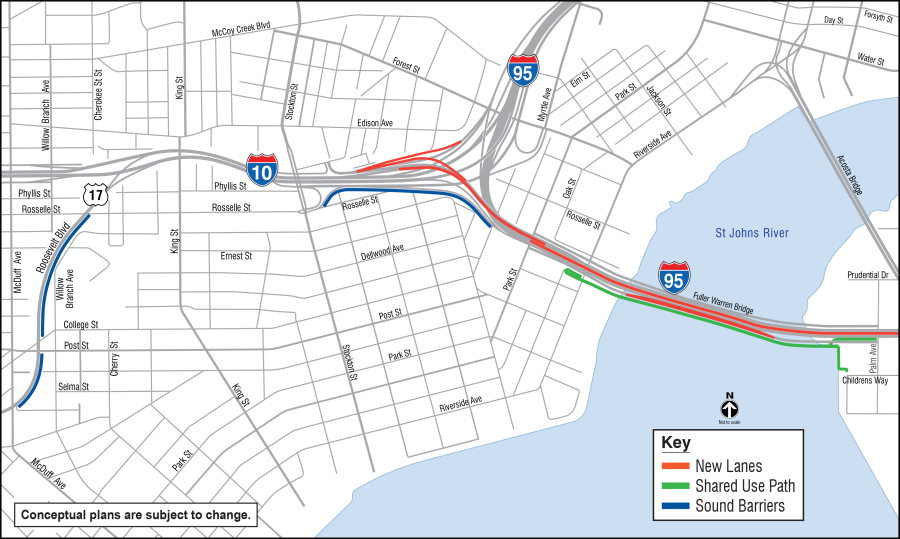 Map showing Fuller Warren Bridge locations of lanes, bike paths and sound barriers