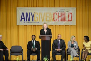 Rev. Kimberyl Hyatt of the Cathedral Arts Project at the podium for the Any Given Child announcement