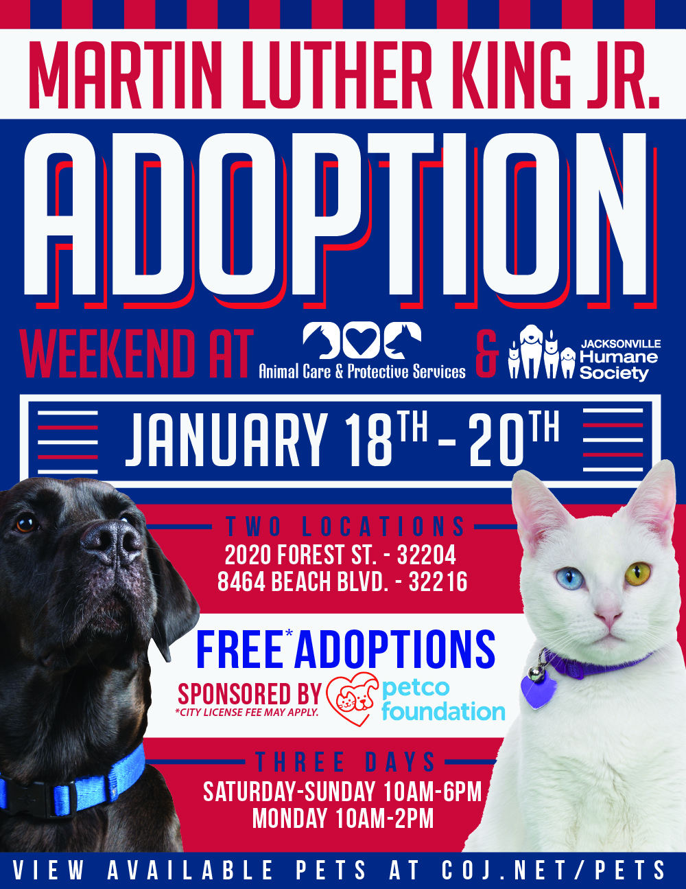 Martin Luther King Jr Adoption Event Weekend Flier with Black Dog and White Cat