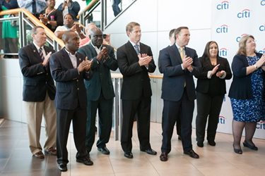 August 20, 2015 of Council Members Jim Love, Garrett Dennis, and Sam Newby with Mayor Curry and others at Citibank.