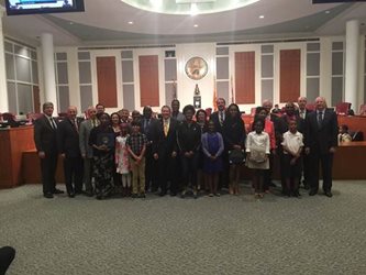 February 28, 2017 photo of Council Member Garrett Dennis and members of the Jacksonville City Council honoring the winners of Tomorrows Leaders Essay.