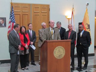Photo of Council Member Schellenberg, surrounded by other Council Members, at the January 6, 2015 press conference recognizing Police and Fire Fighters.
