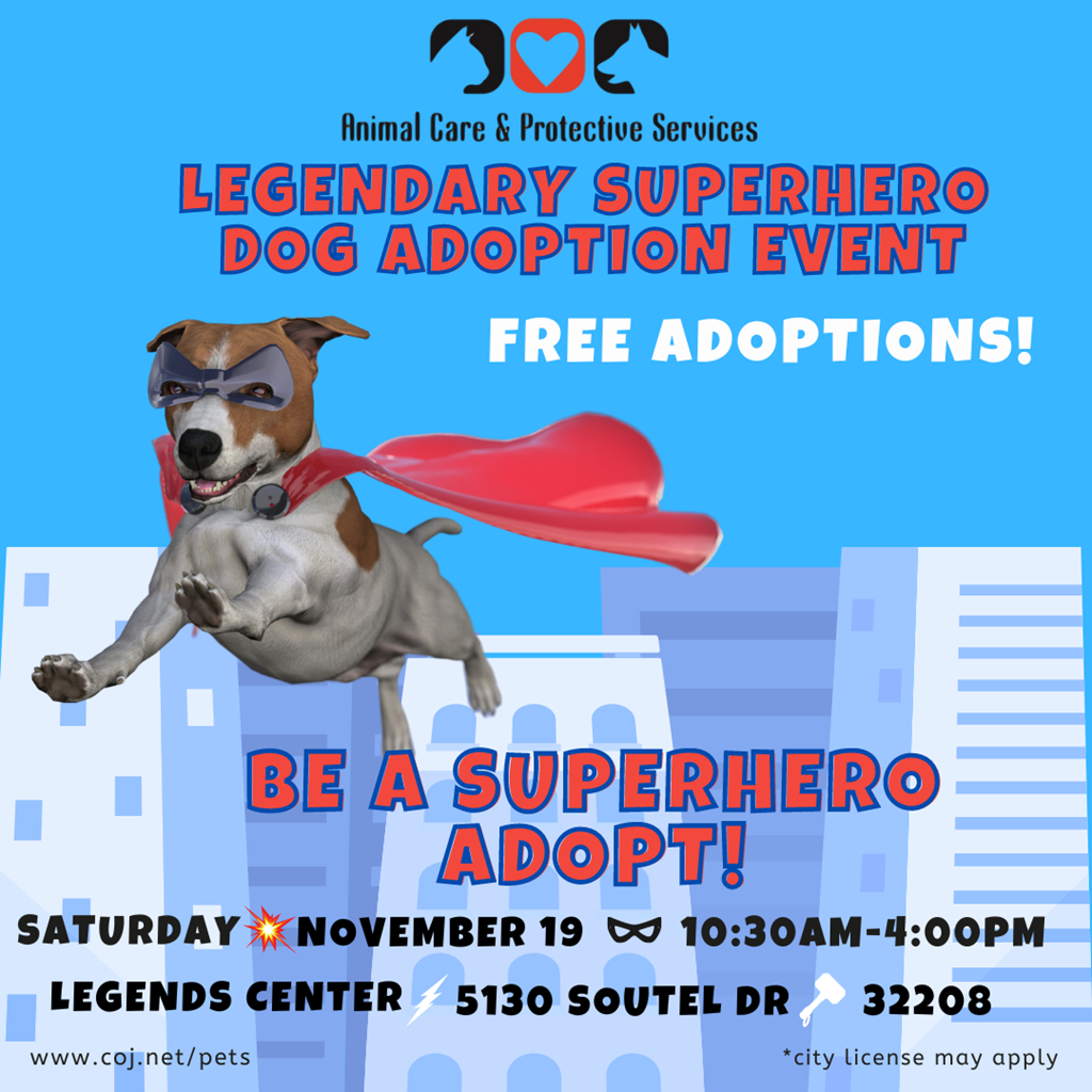 Dog Adoption Event flyer with dog wearing superhero cape