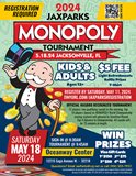 Green, blue, red, yellow and white Monopoly Tourney flyer with logo